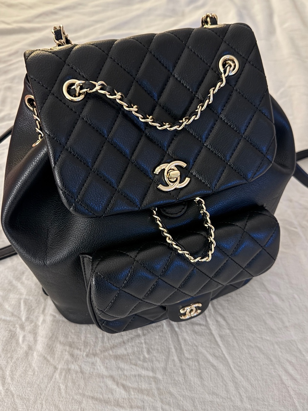 Luxury Quilted Black Leather Backpack with Gold Hardware